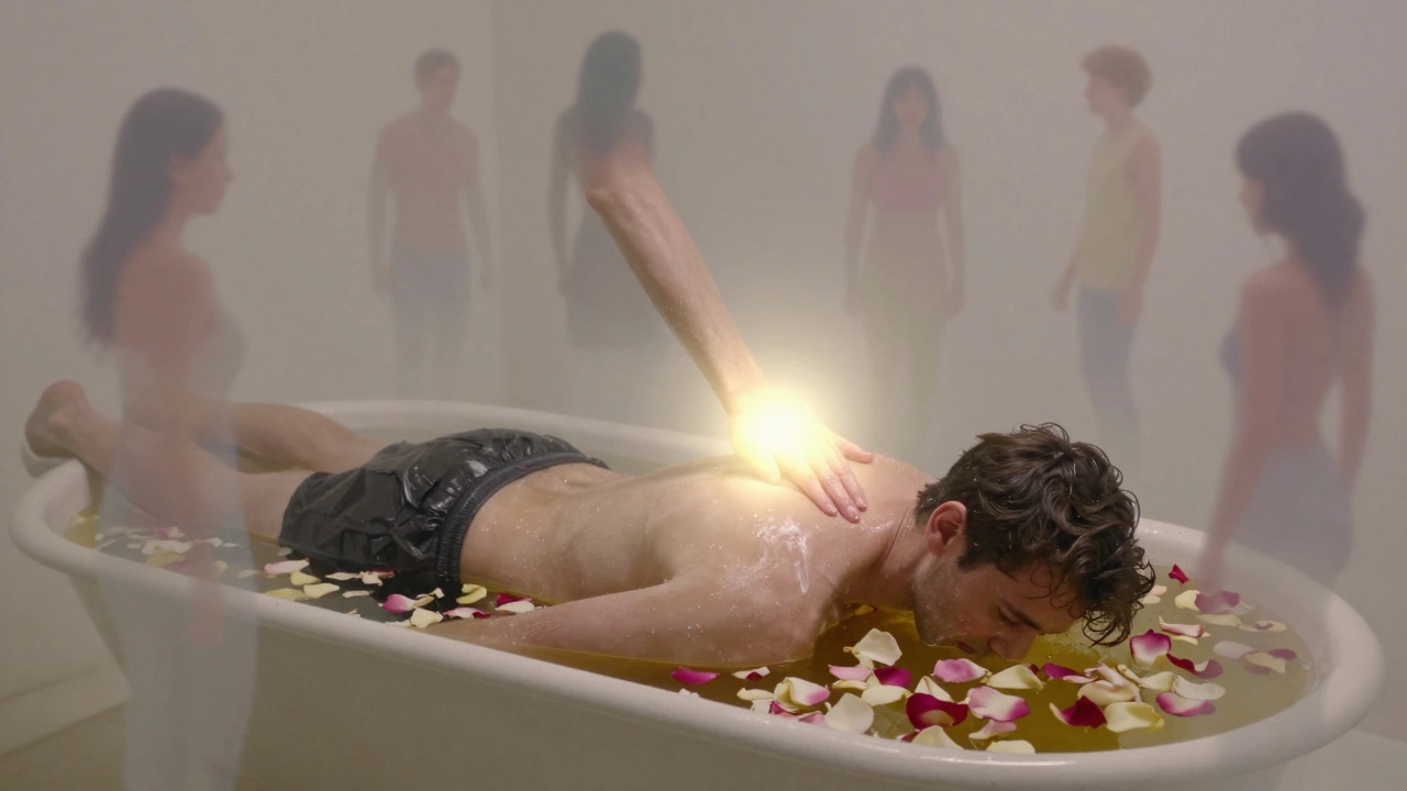 A man floats in a rose-petal bath as a glowing hand washes his back, symbolizing being seen without judgment.