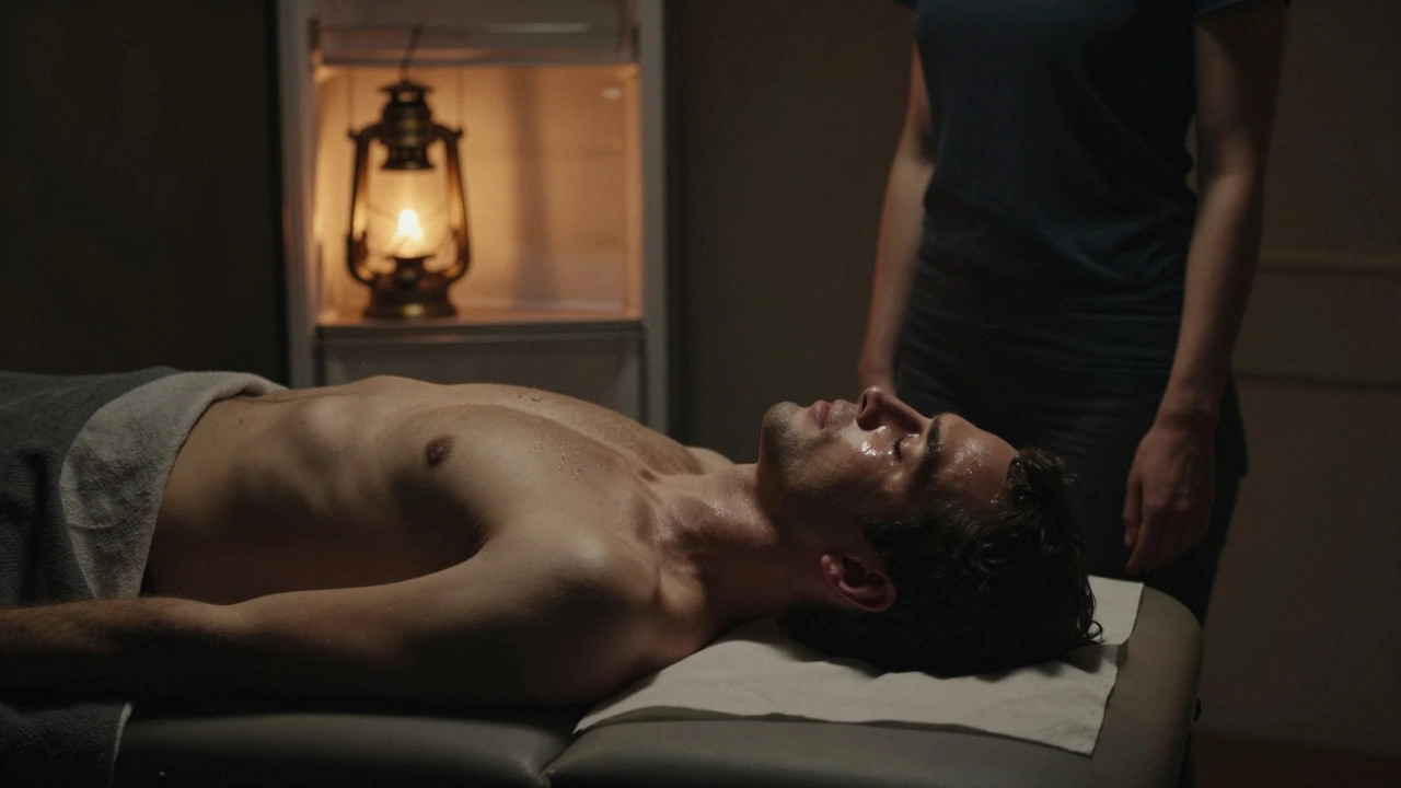 A man lies motionless after a transformative massage, tears on his temple, bathed in warm oil lamp light.