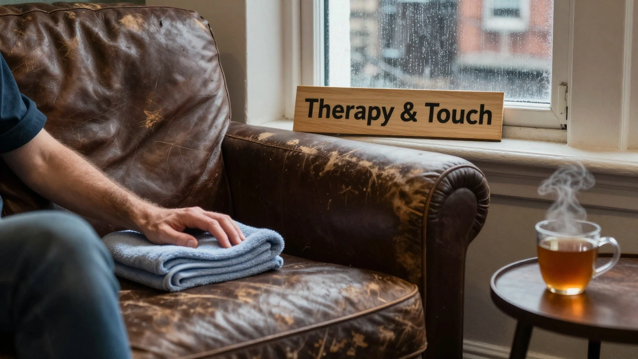 A man sitting alone on a leather sofa in a quiet East London massage waiting room, rain on the window, a towel and tea beside him.