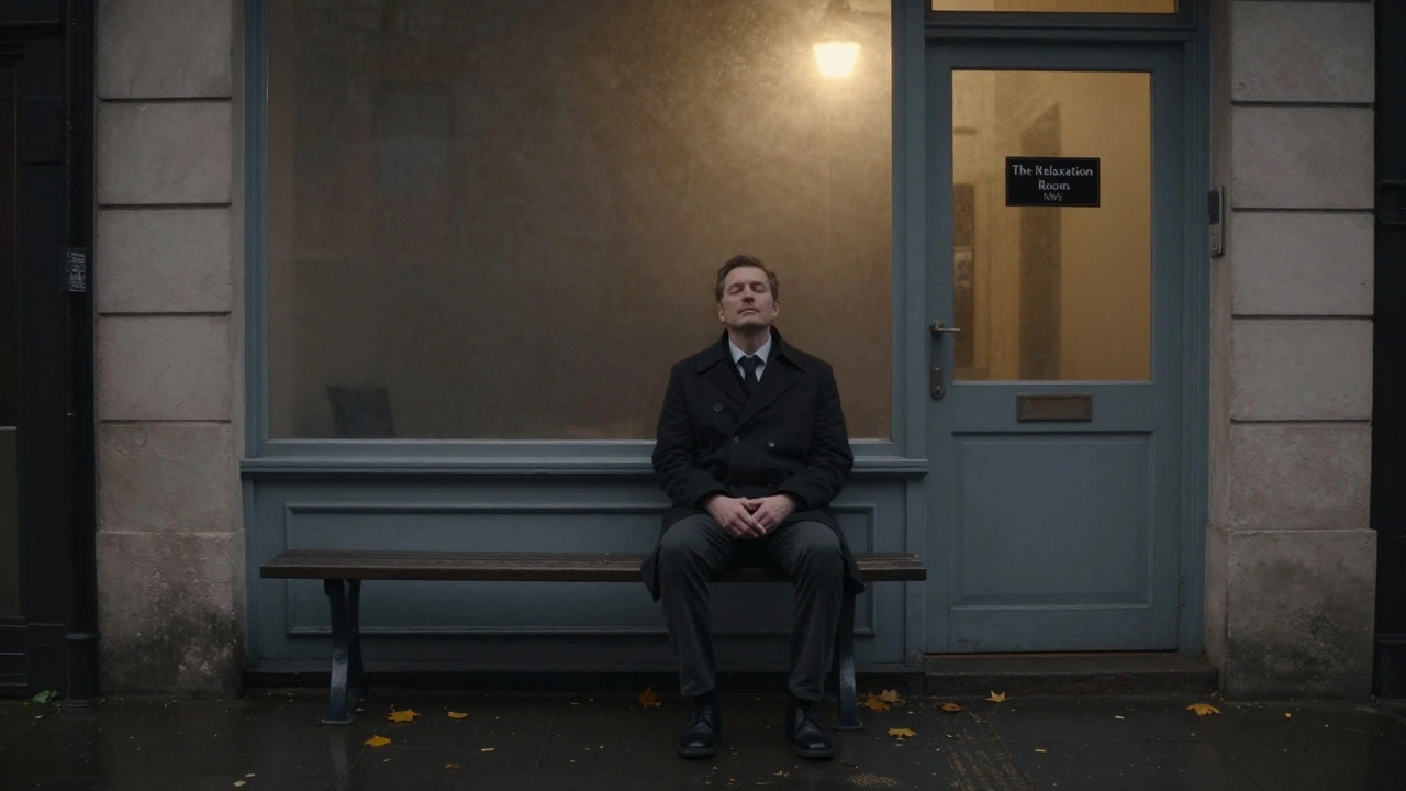 A man sitting quietly on a bench outside a simple door labeled 'The Relaxation Room' in London, eyes closed, at peace.