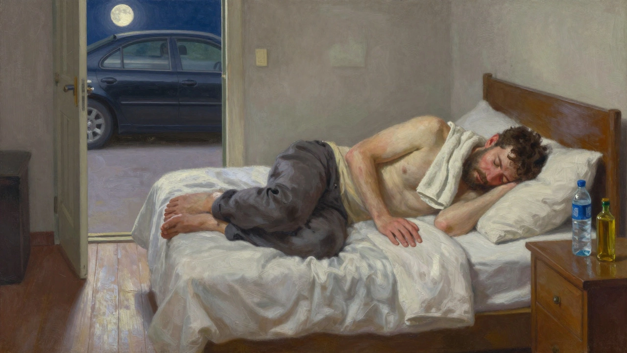 A man sleeps peacefully after a massage, towel draped over shoulder, door ajar to a clean car outside, moonlight on floor.