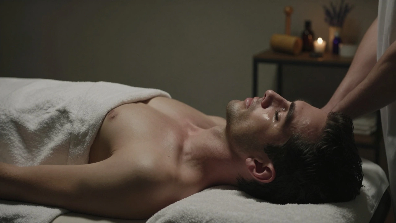 A man tearfully relaxed after a foot massage, breathing deeply in quiet solitude.