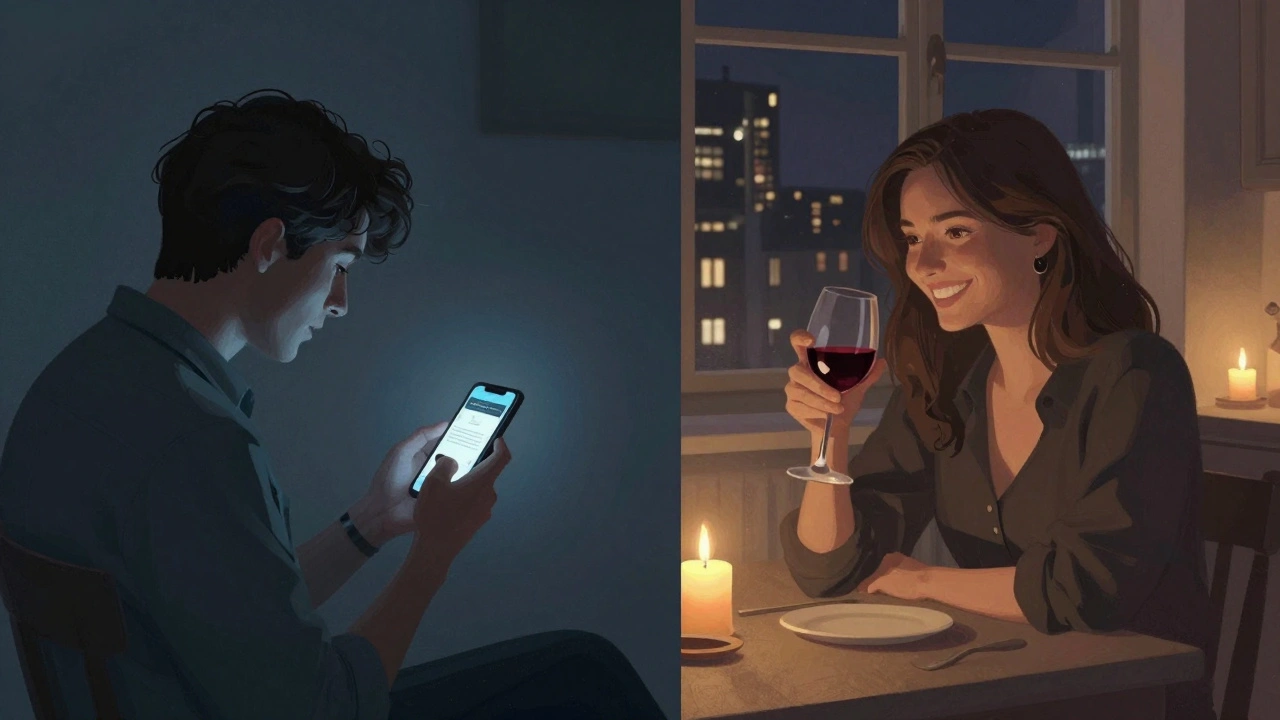 A man transitions from lonely phone scrolling to peaceful intimacy, symbolizing emotional renewal after a refined experience.