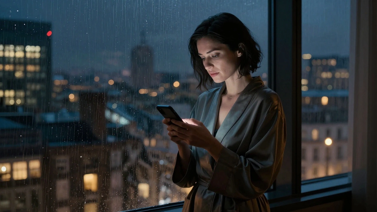A poised woman texts by a rain-streaked window in a London high-rise, city lights glowing behind her in serene noir style.
