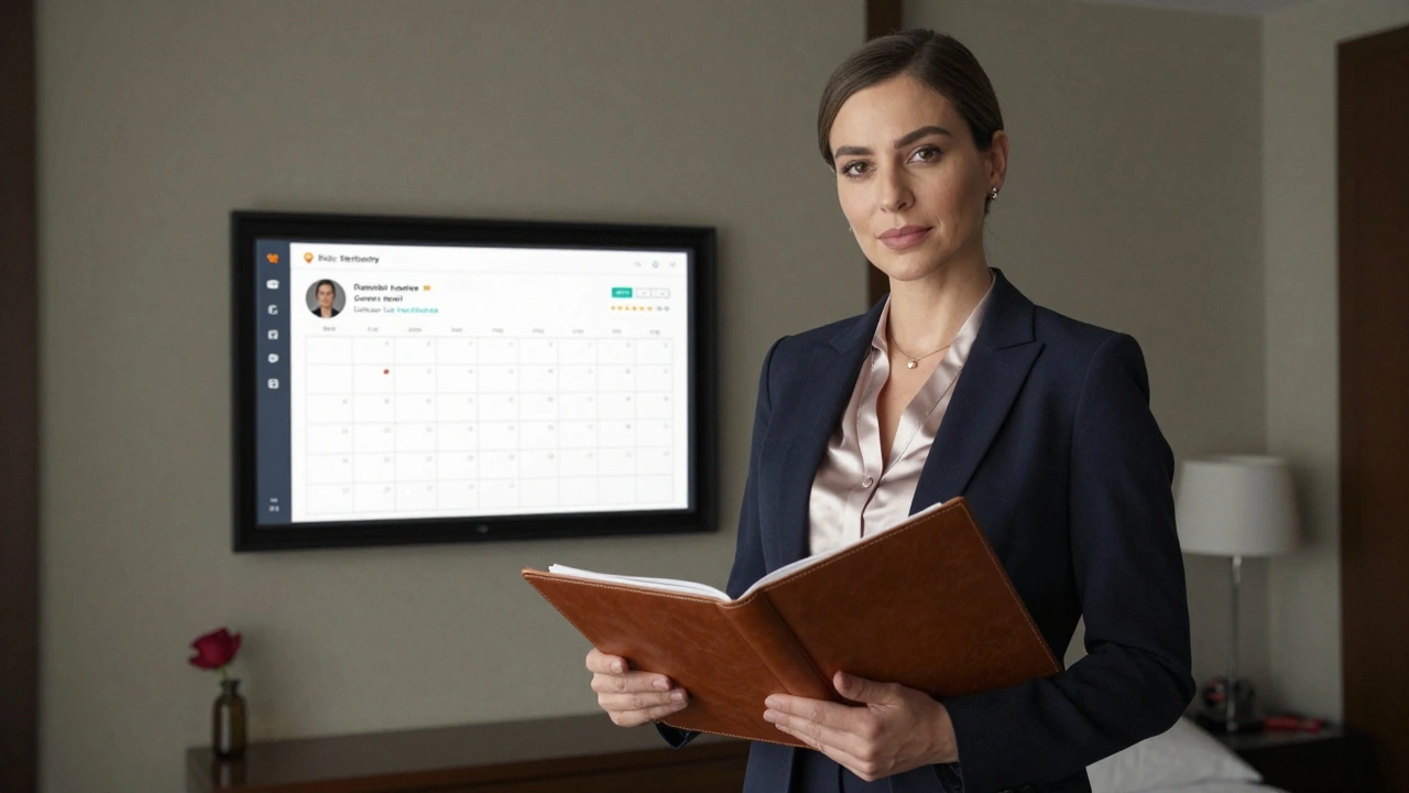 A professional female escort in a tailored blazer holds a leather folder in a clean, quiet hotel suite, exuding calm authority.