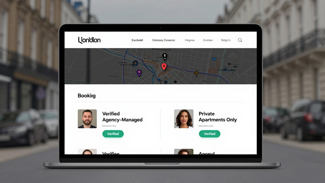 A secure escort booking portal with verified profiles and a map of upscale London neighborhoods, showing privacy and professionalism.