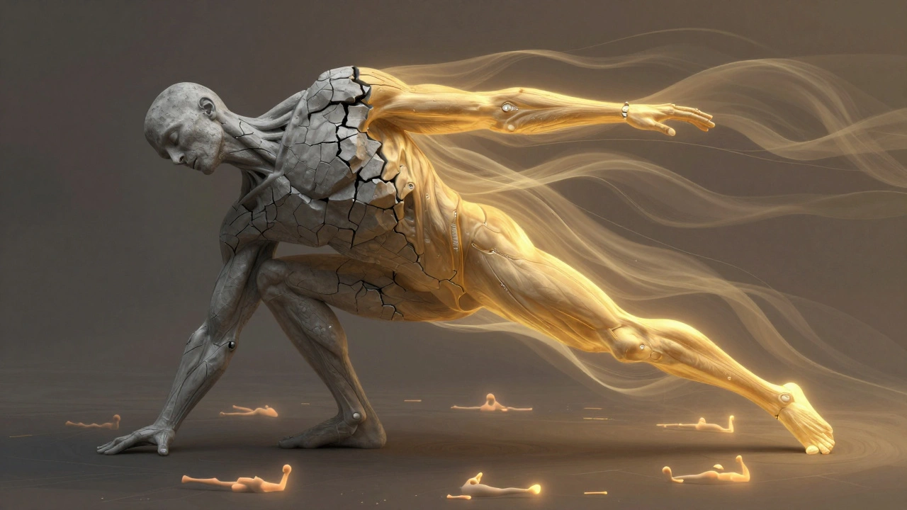 A stylized split-body image showing tension transforming into release, with light and geometry symbolizing bodily reset.