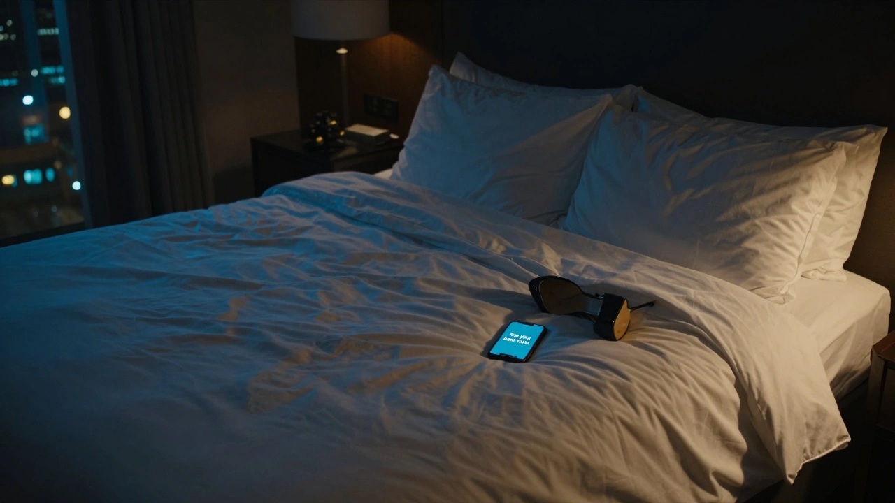 An empty luxury hotel bed with a high-heeled shoe beside it and a smartphone displaying a quiet farewell message.