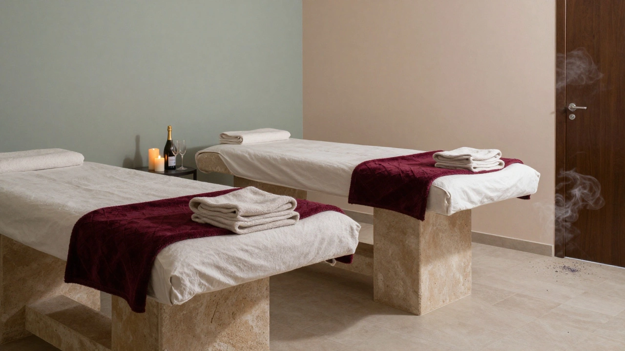 An empty massage room after a session, with folded blankets, a candle, and a half-finished bottle of champagne.