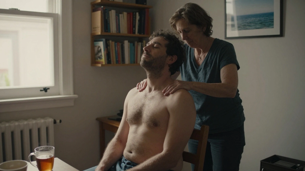 An older woman giving a Swedish massage to a man seated in a small apartment, natural light, calm expression, tea mug nearby.