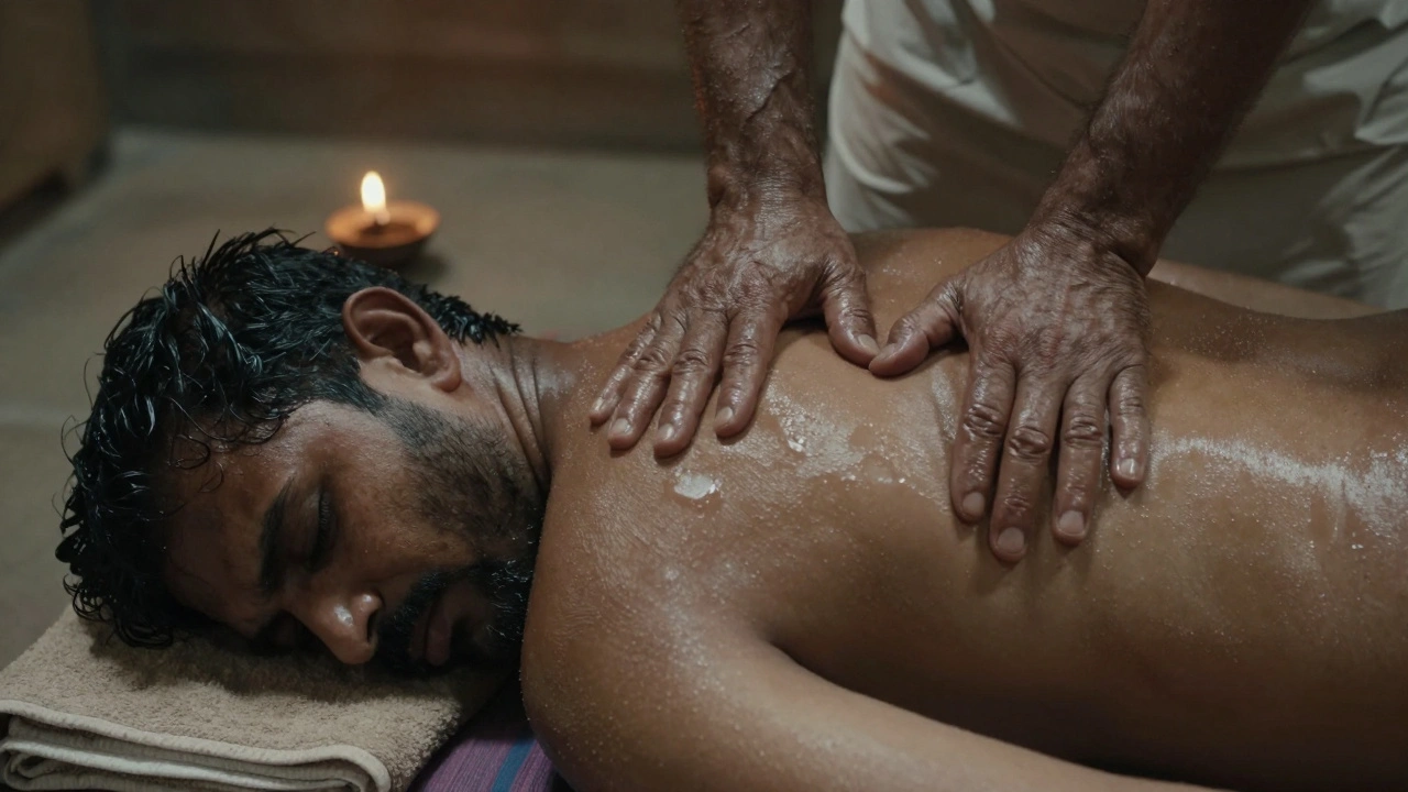 Calloused hands apply intense pressure to a man’s lower back during an authentic Indian massage.