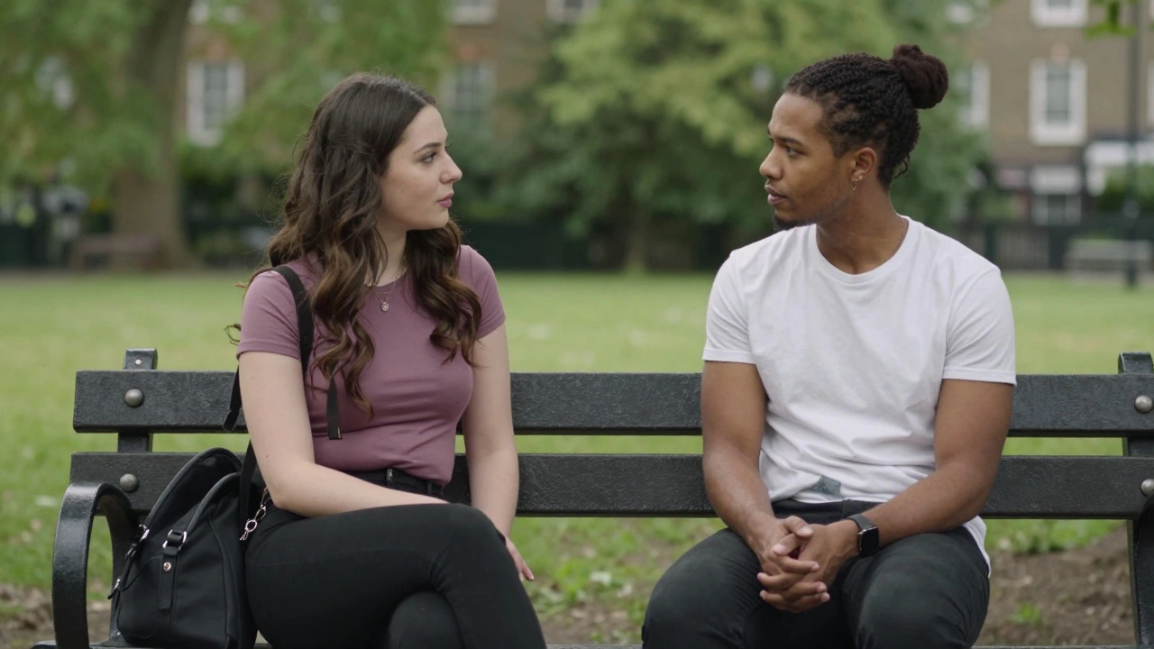 Client and escort meeting safely in a Camden park, discussing openly.