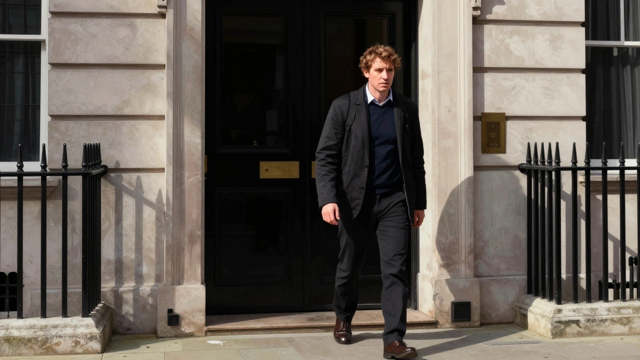 Client walking away from dimly lit building, concerned expression, London street