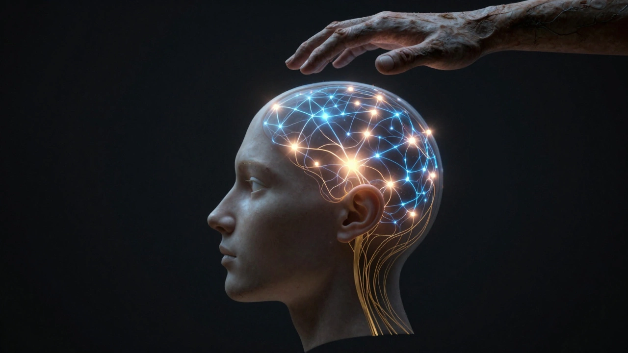 Floating human head with golden neural threads from ears, hands hovering above in gentle contact.