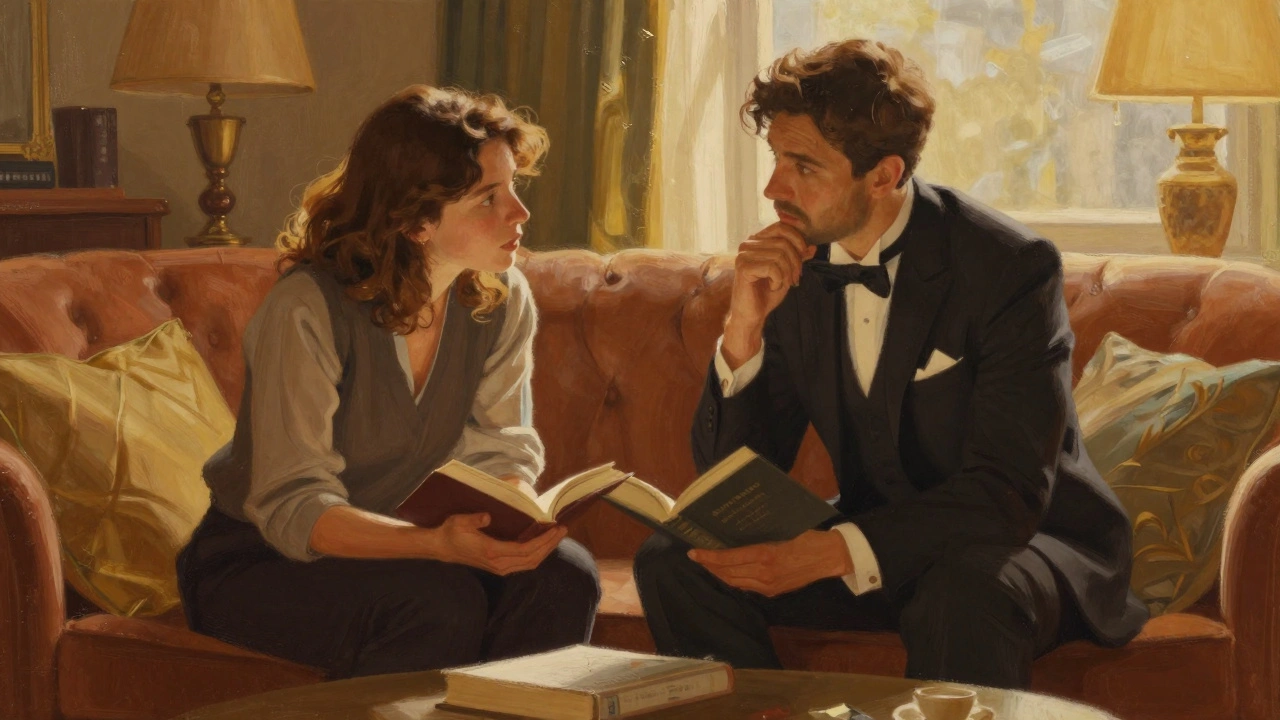 Intellectual discussion between client and escort over books in a cozy room.