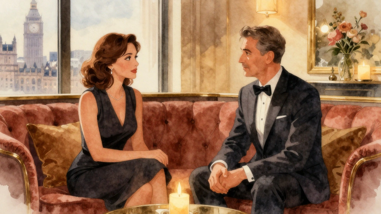 Mature escort and client in cozy hotel lounge, warm candlelight, London skyline view.