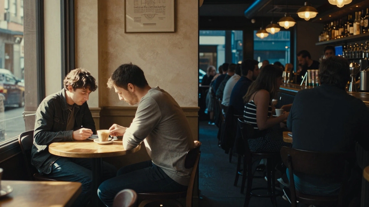 Split scene: sunlit café with one person at lunch vs crowded evening bar.