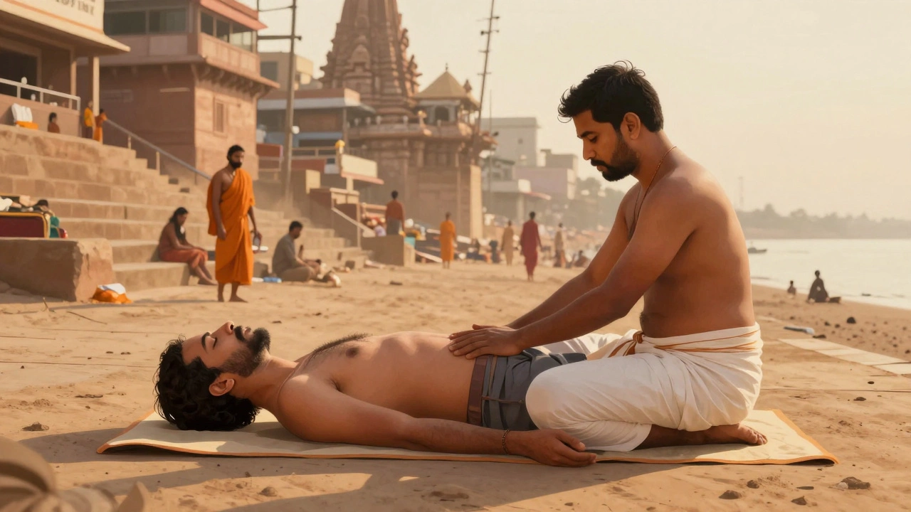 Traditional Indian head massage in Varanasi, masseur pressing scalp and ears on a mat.
