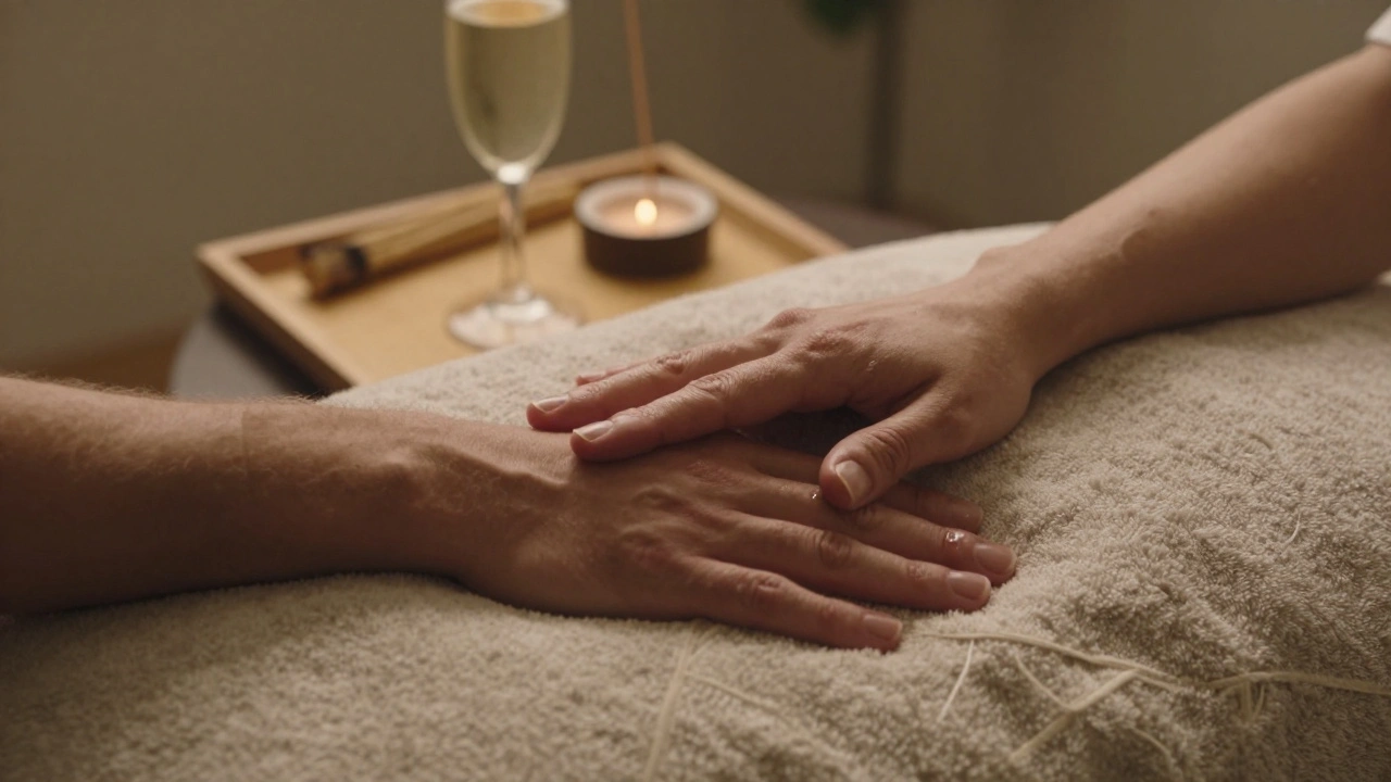 Two hands resting on a heated blanket after a massage, with a glass of Prosecco and incense nearby.