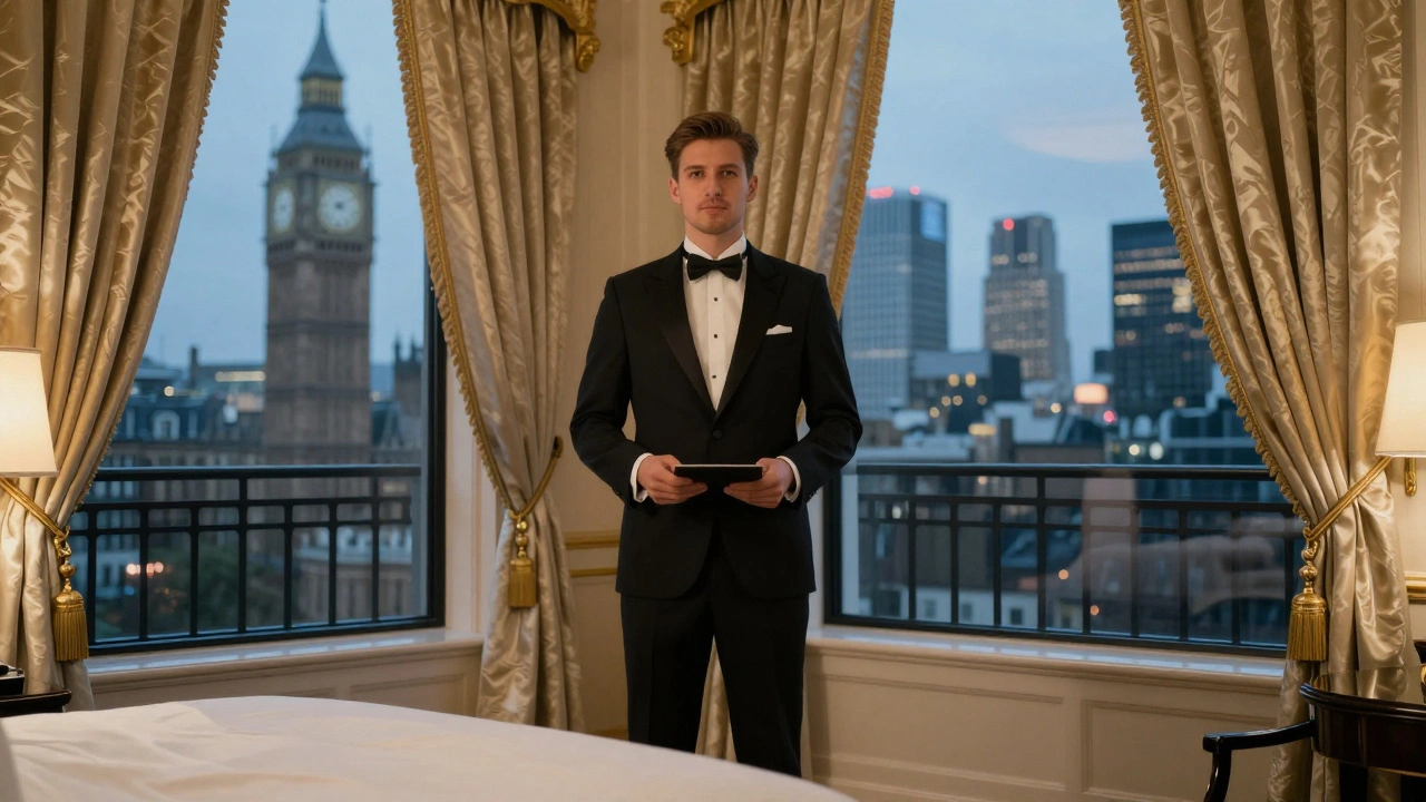 VIP escort in luxury hotel suite with city views, silk drapes, evening lighting