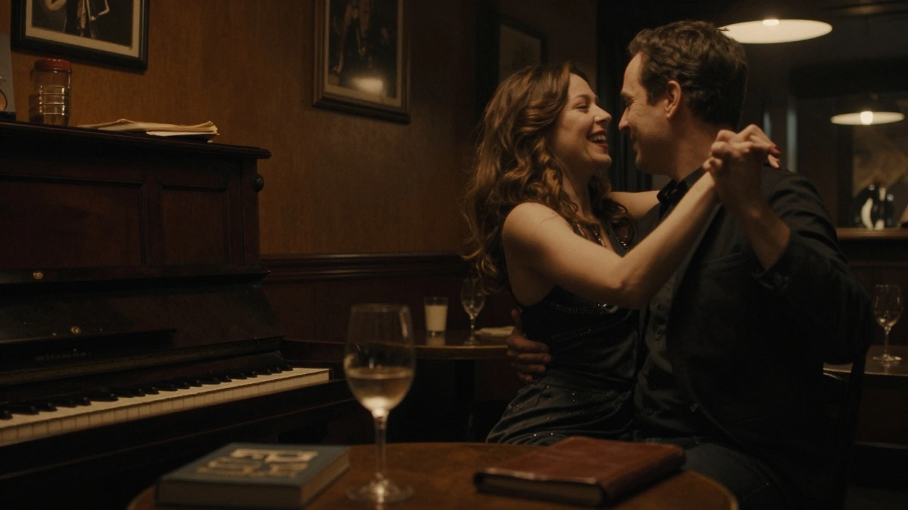 A couple dancing gently in a dimly lit Soho jazz bar, surrounded by books and wine glasses.
