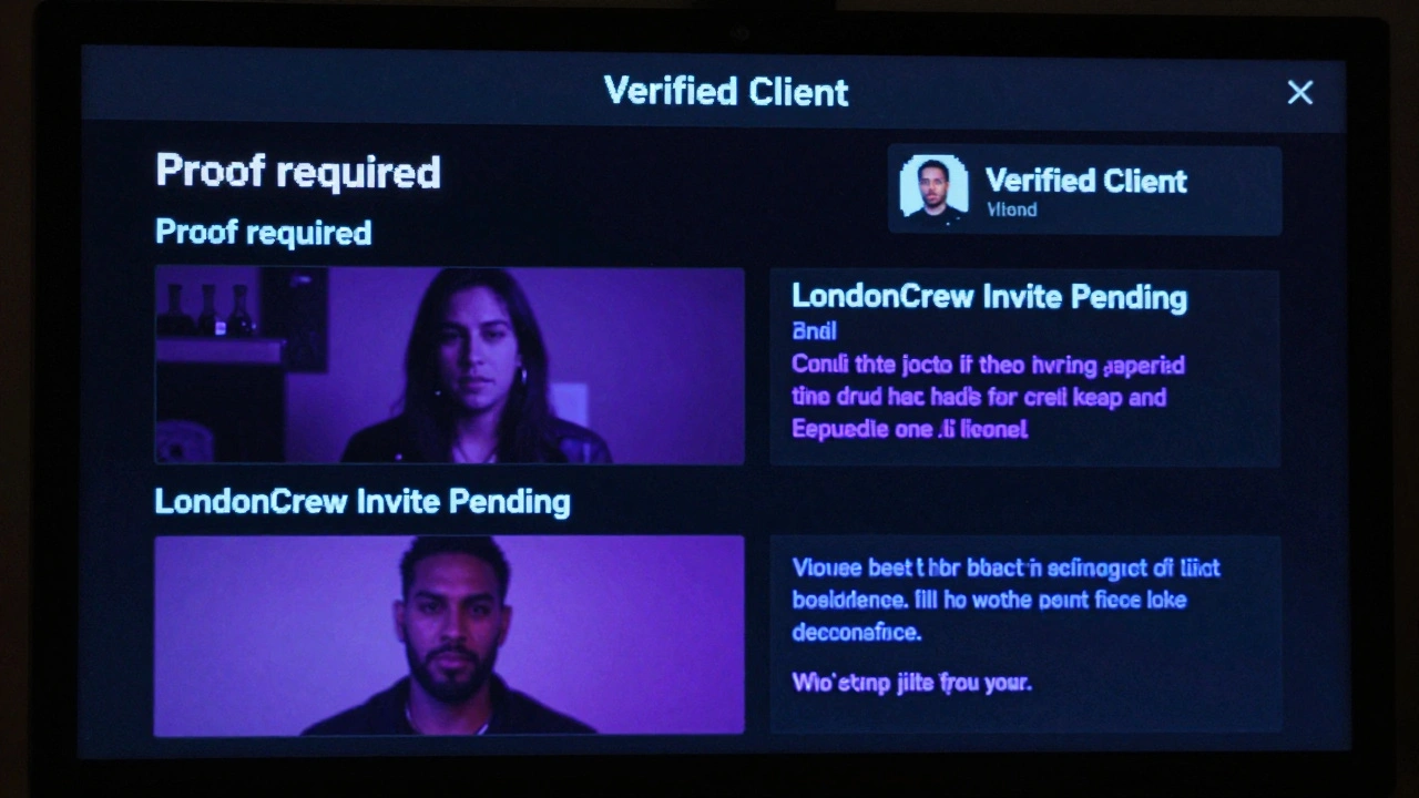 A dark computer screen displays encrypted Discord messages and a blurred adult film screenshot, labeled 'LondonCrew'.