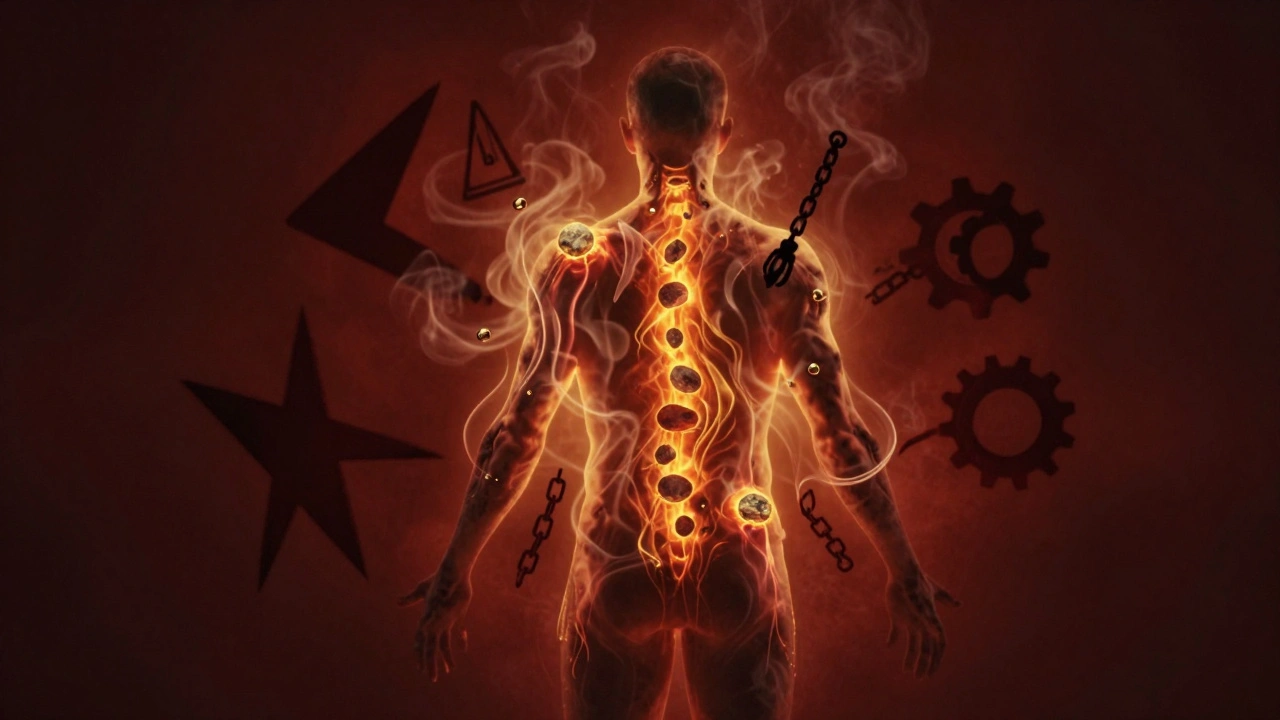 A glowing human form with heat radiating from stones along the body, dissolving shadowy tension into smoke.