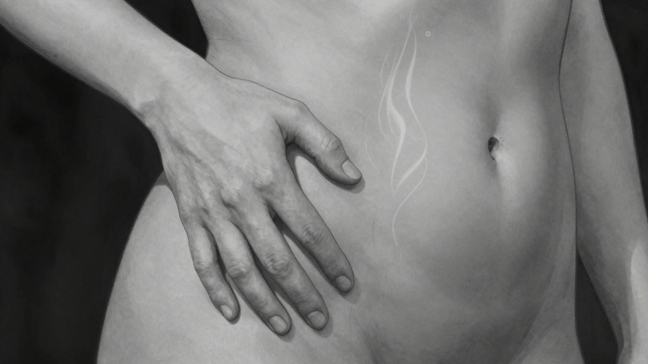 A hand gently touches a scar on a man's hip, with soft shadows and heat lines suggesting healing and memory.