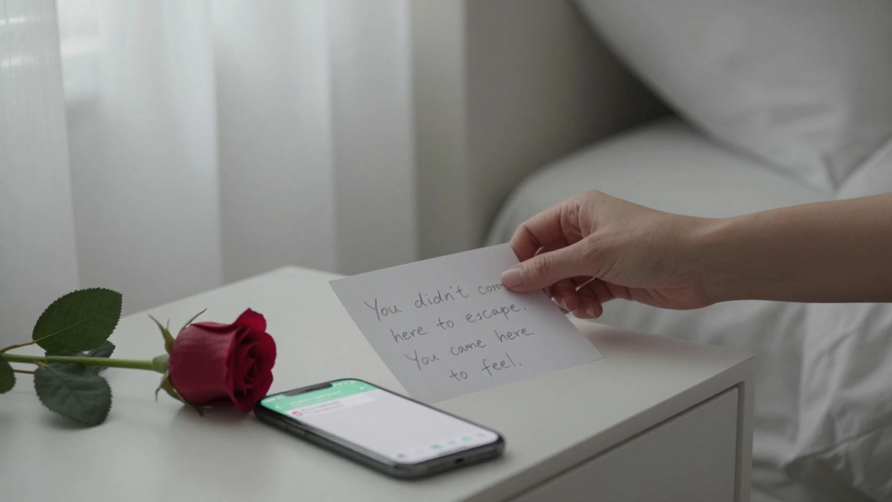 A handwritten note rests beside a rose on a nightstand, with a glowing smartphone showing a quiet WhatsApp message.