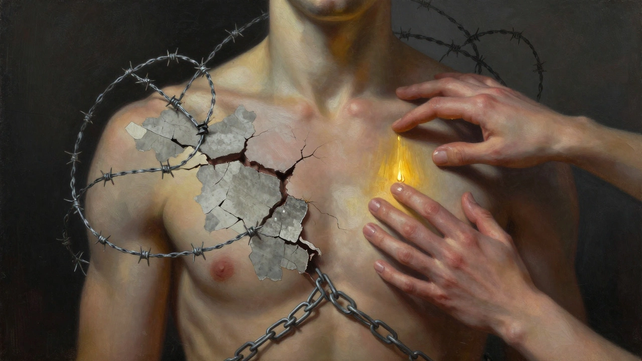 A human torso releases layers of tension as golden light fills the space, symbolizing emotional release.