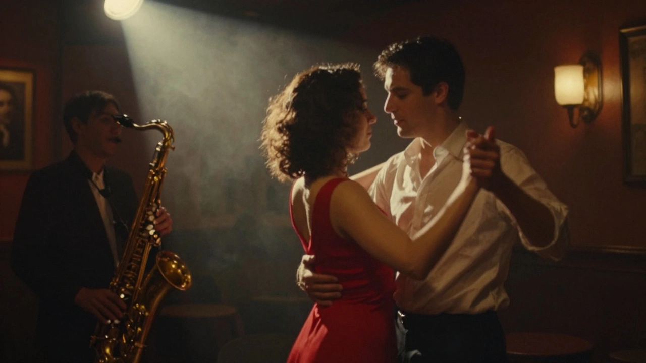 A man and woman dancing slowly in a dim Soho jazz bar, lost in the music and each other.