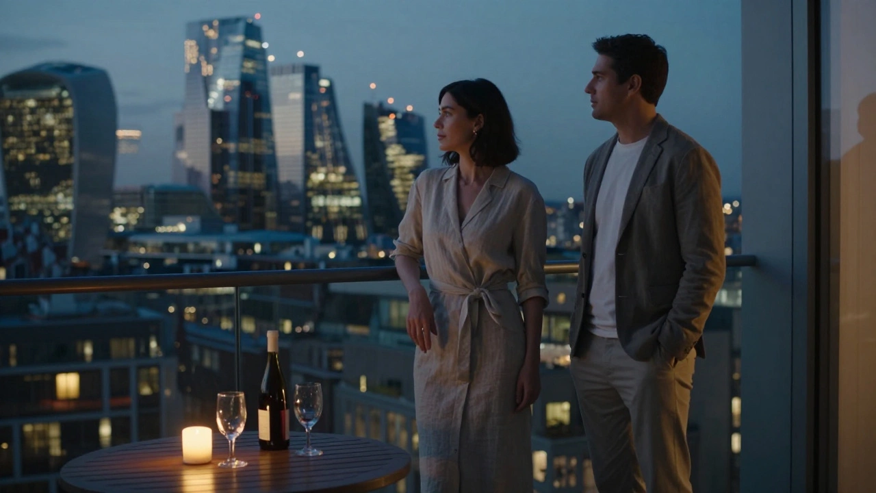 A man and woman stand silently on a London balcony at twilight, gazing at the city skyline with wine glasses nearby.