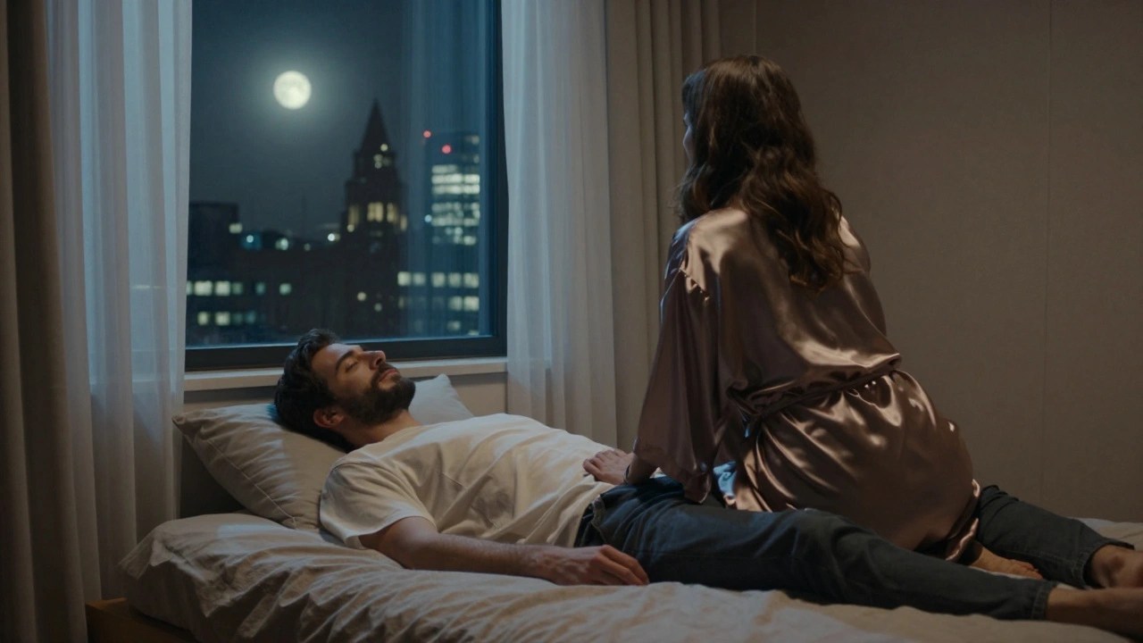 A man at peace after a private session, lying on a bed as a woman looks out over London’s nighttime skyline.