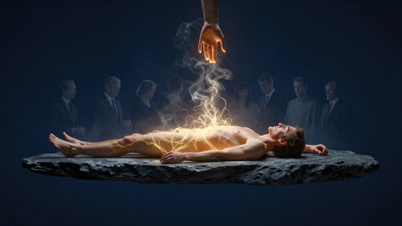 A man floating in space, his body releasing golden light threads as a mysterious hand radiates warmth from above.