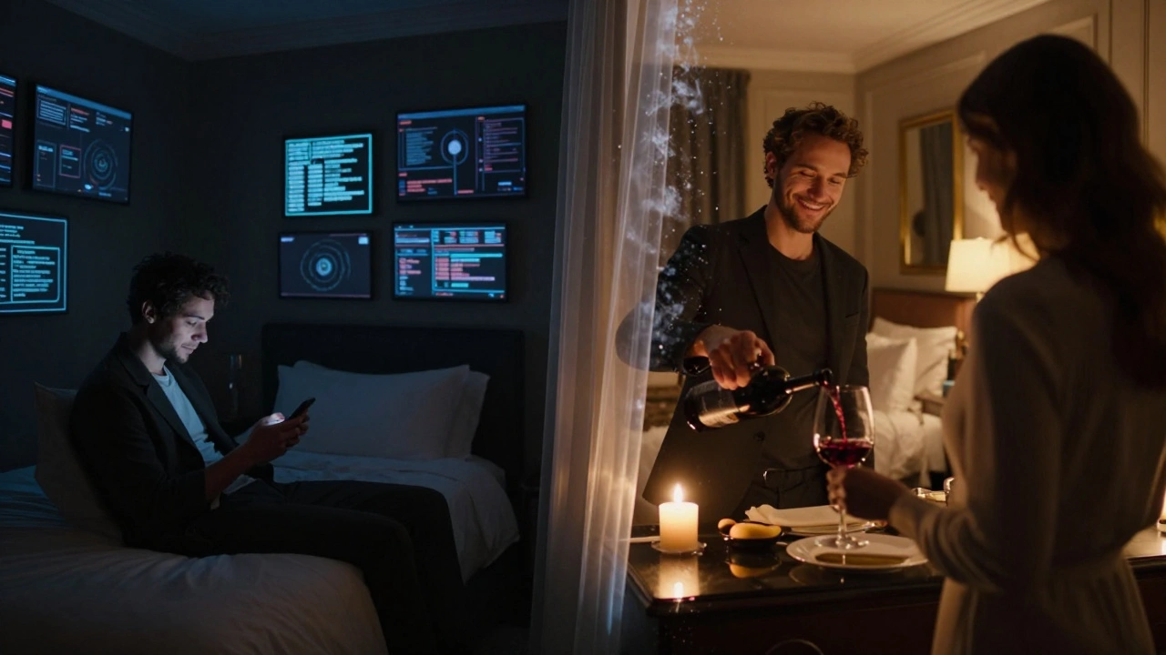A man in a dark bedroom contrasts with the same man in a warm-lit luxury suite, symbolizing isolation versus human connection.