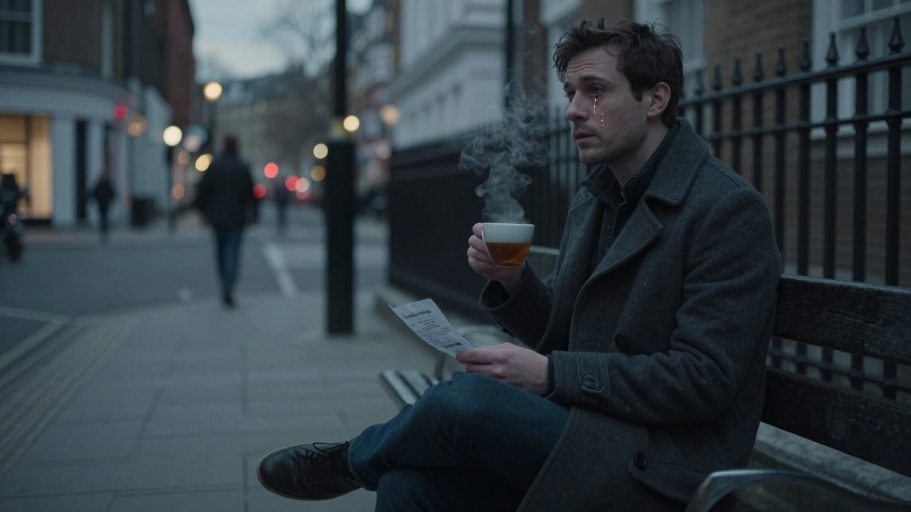 A man sits alone outside a hidden clinic at dusk, tearful and contemplative, holding a massage receipt.