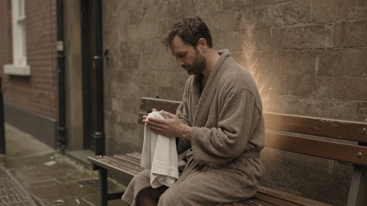 A man sits quietly in a Bristol alley after a massage, holding a towel, soft rain falling around him.