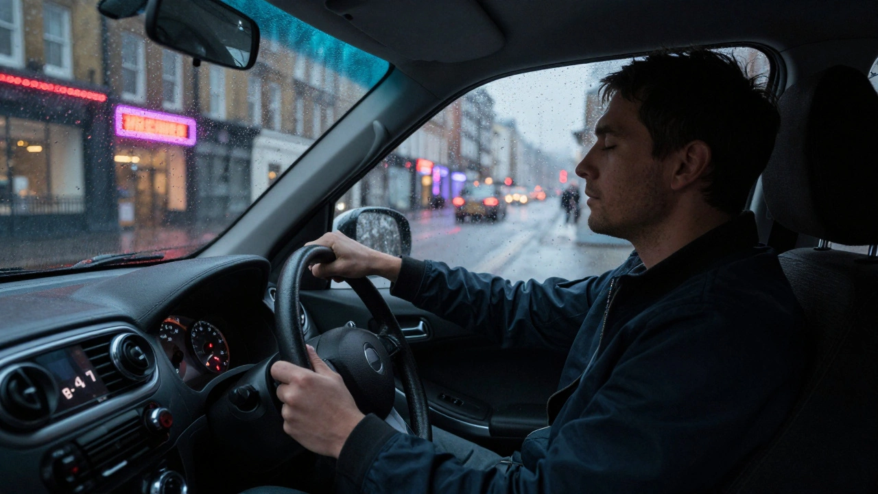 A man sitting peacefully in his parked car after a massage, eyes closed, rain on the windshield, phone untouched, radiating deep calm.