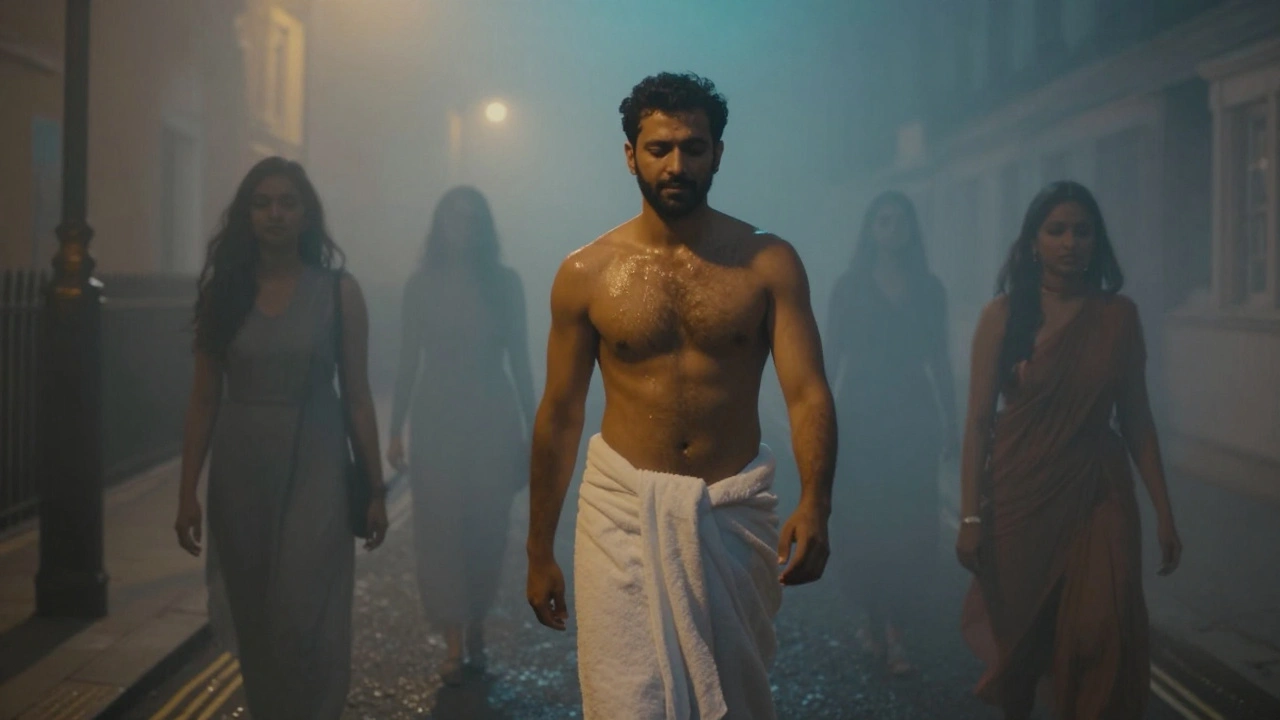 A man walks home at night, towel wrapped, oil still on his skin, ghostly figures of therapists fading into the fog behind him.