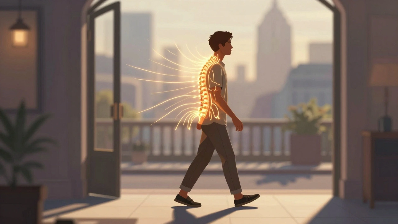 A man walks out of a massage studio glowing with golden energy lines, posture transformed, city blurred behind him at dawn.