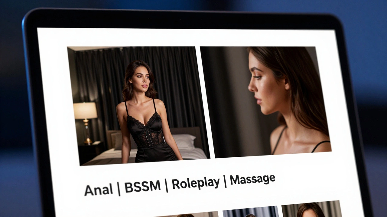 A professional escort's profile with visual cues indicating premium services and luxury location, displayed on a laptop screen.
