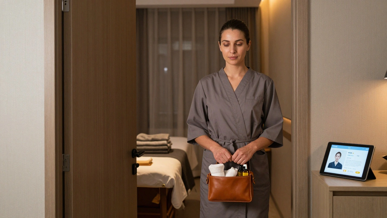 A professional female masseuse stands in a hotel hallway with her massage bag, ready for a discreet, vetted session.