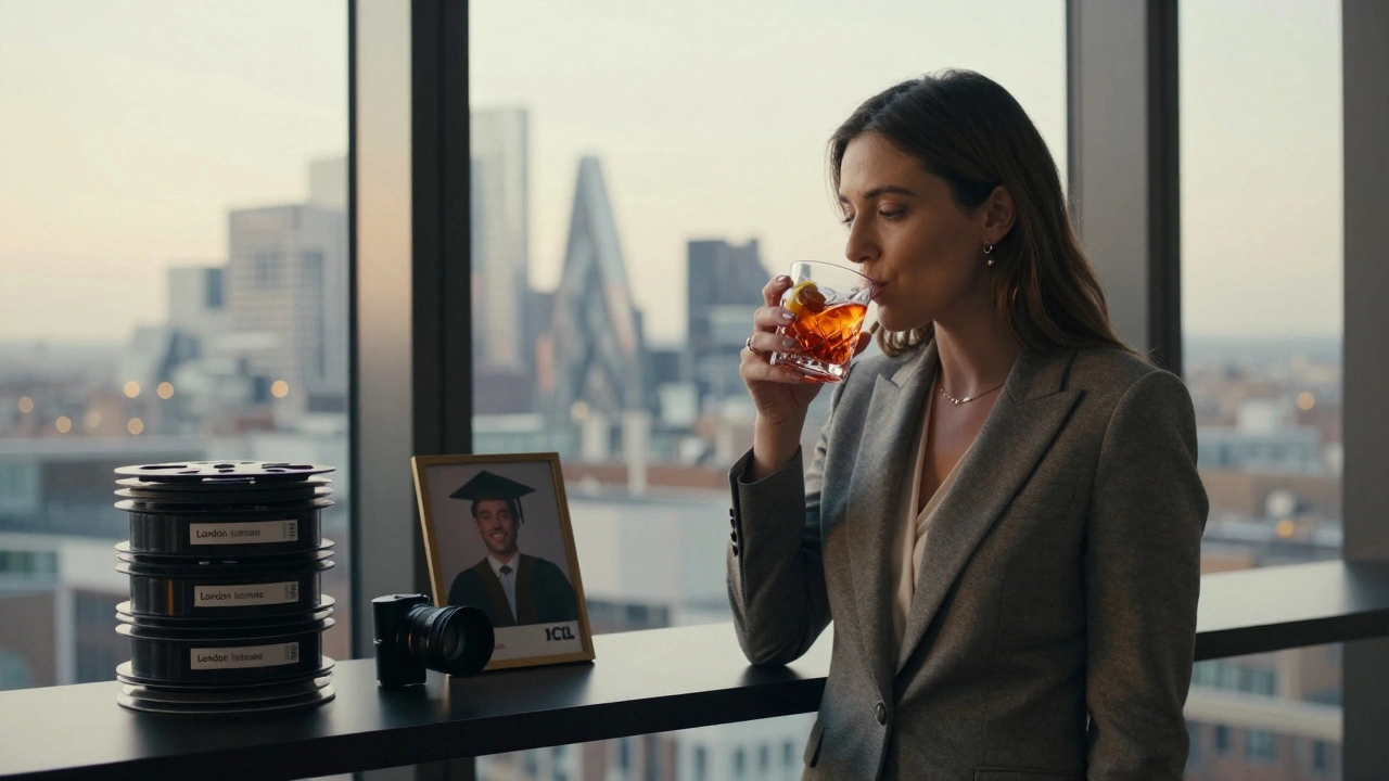 A sophisticated woman sips a Negroni in a London penthouse beside a UCL diploma, with hidden film reels visible in the background.