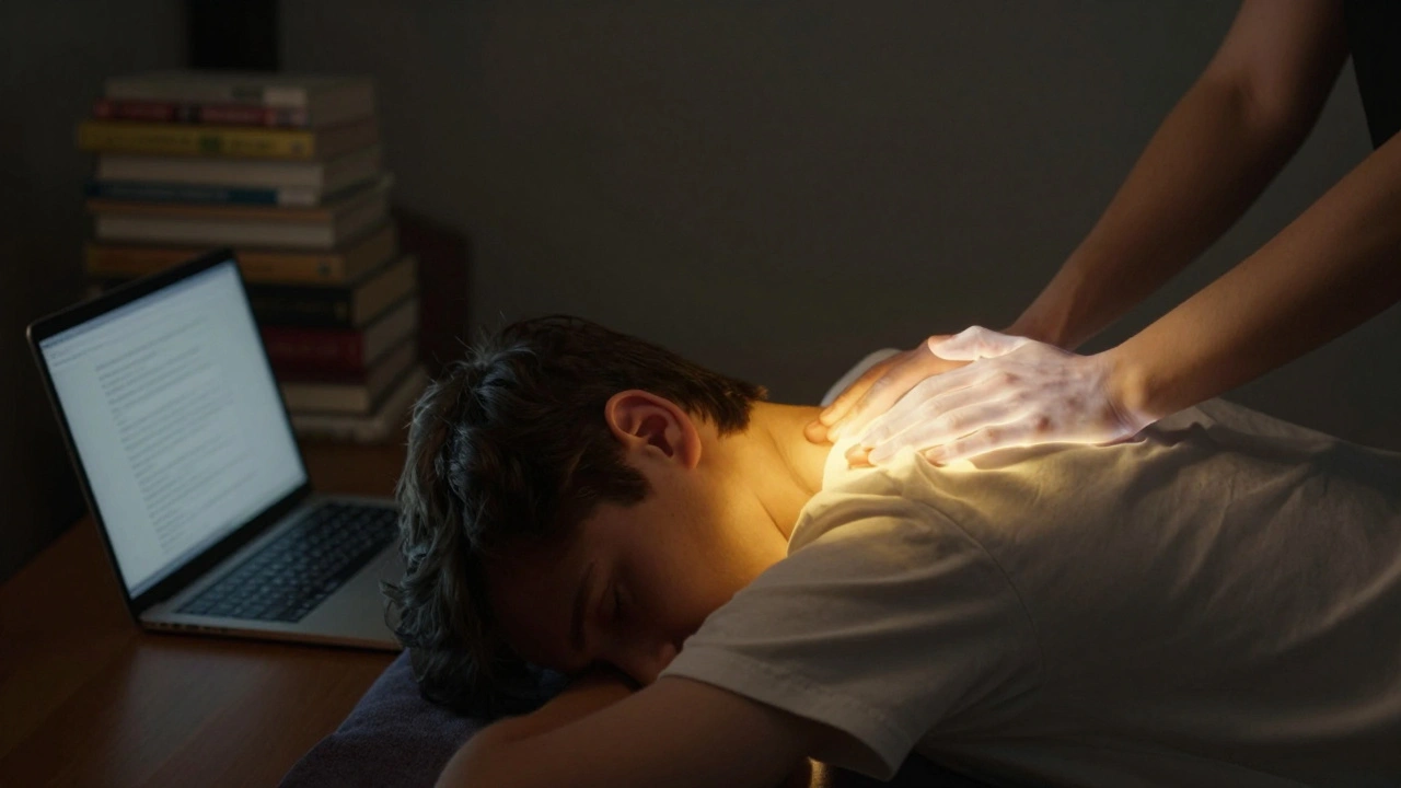 A teen’s hunched posture with a ghostly hand offering comfort, symbolizing the quiet relief of massage therapy.
