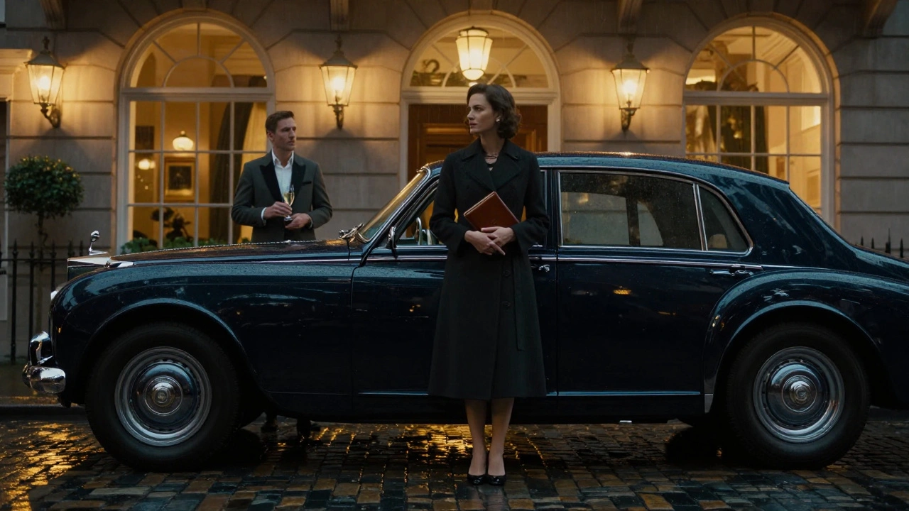 A vintage Rolls-Royce outside The Goring Hotel, a woman waits elegantly at dusk.