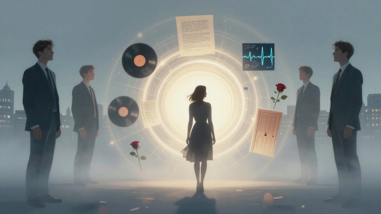 A woman's silhouette radiates light with floating images of books, music, and a heartbeat, surrounded by translucent male figures.