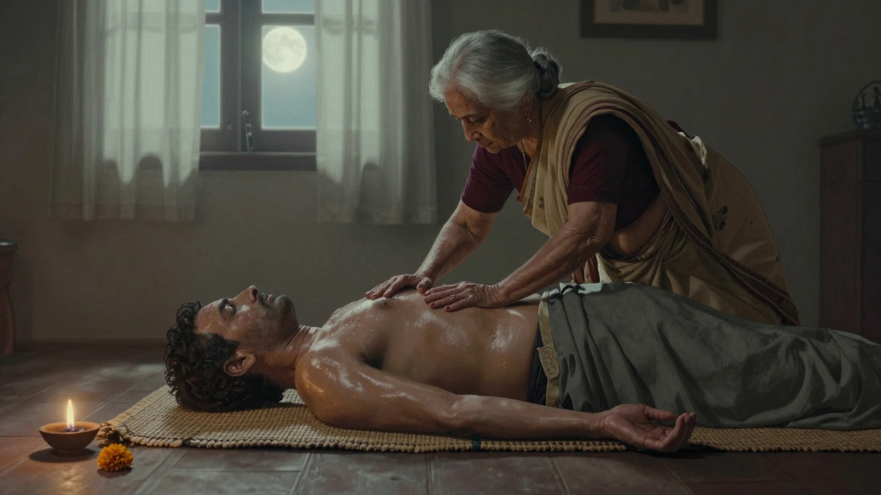 An elderly woman uses her forearms to massage a man on a floor mat, oil shimmering under moonlight, no furniture except a clay lamp.