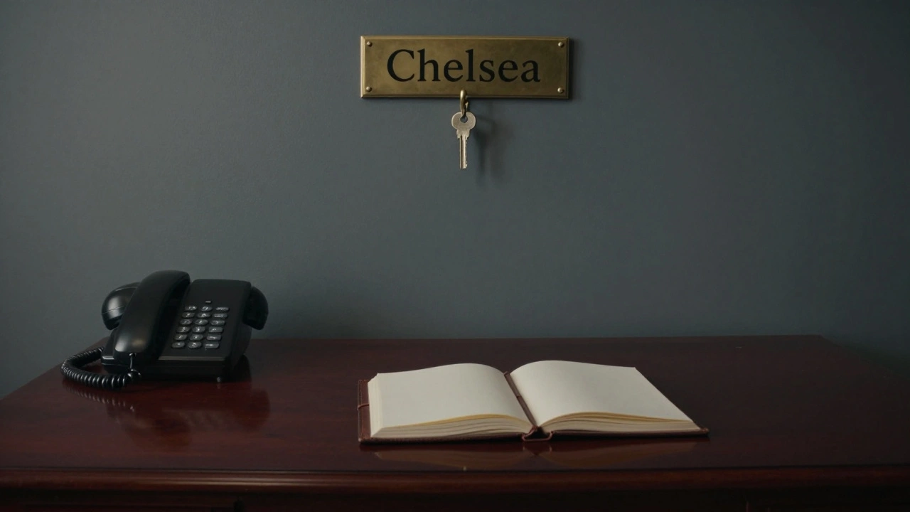 An exclusive London escort agency office with a vintage phone, leather book, and brass key — no faces, only discretion.