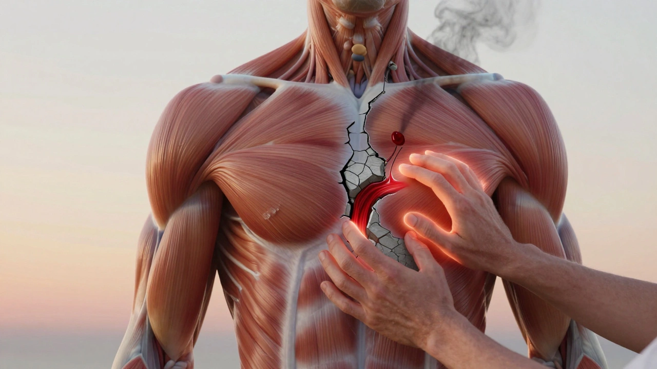 Anatomical illustration showing pressure waves breaking muscle adhesions and flushing out lactic acid.