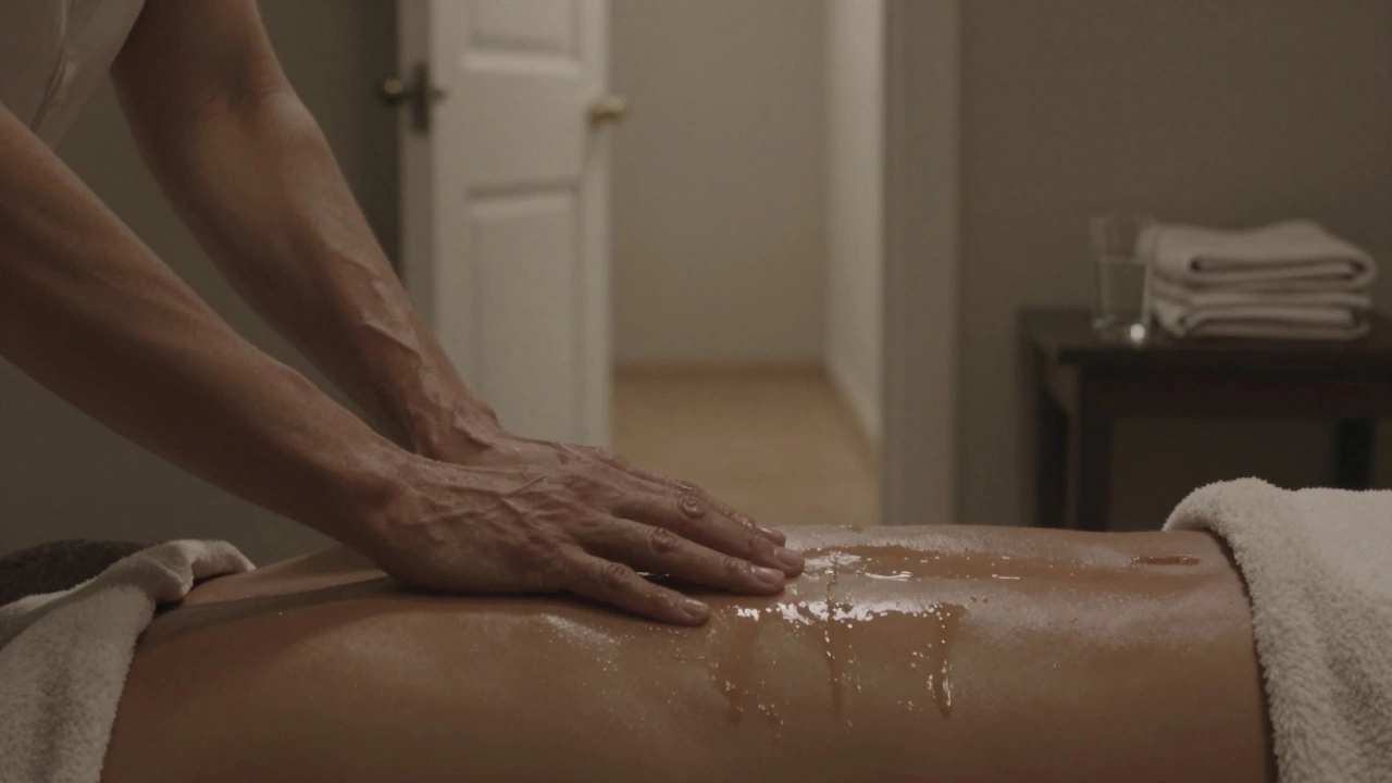 Close-up of skilled hands gliding slowly down a spine, oil glistening, with a towel and water nearby in soft focus.
